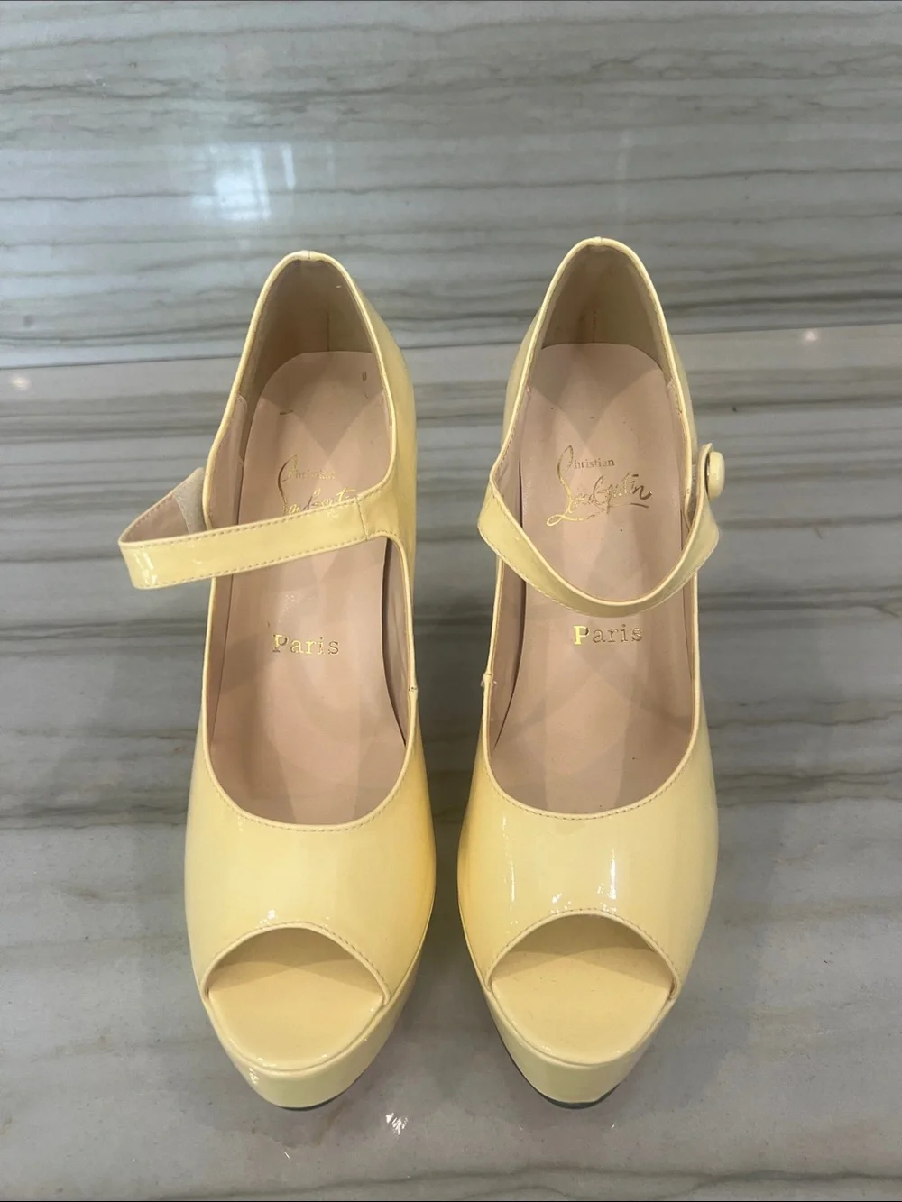 Yellow Patent Mary Jane Peep-Toe Platform Heels
